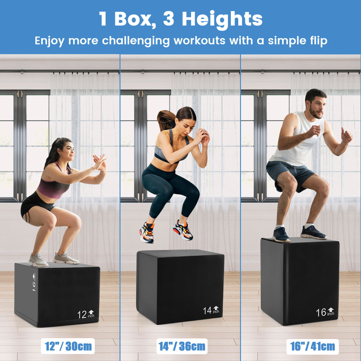 3 In 1 Foam Plyometric Box with 3 Heights and Easy-to-Clean PU Cover-16 Inch