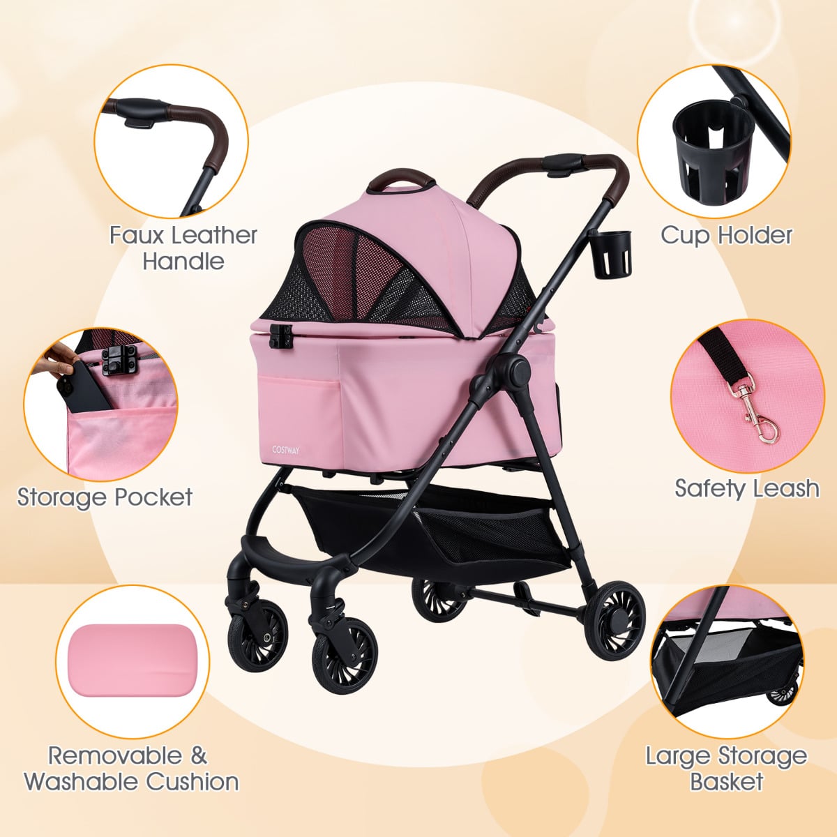 3-in-1 Pet Stroller One-hand Folding Dog Stroller Car Seat-Pink
