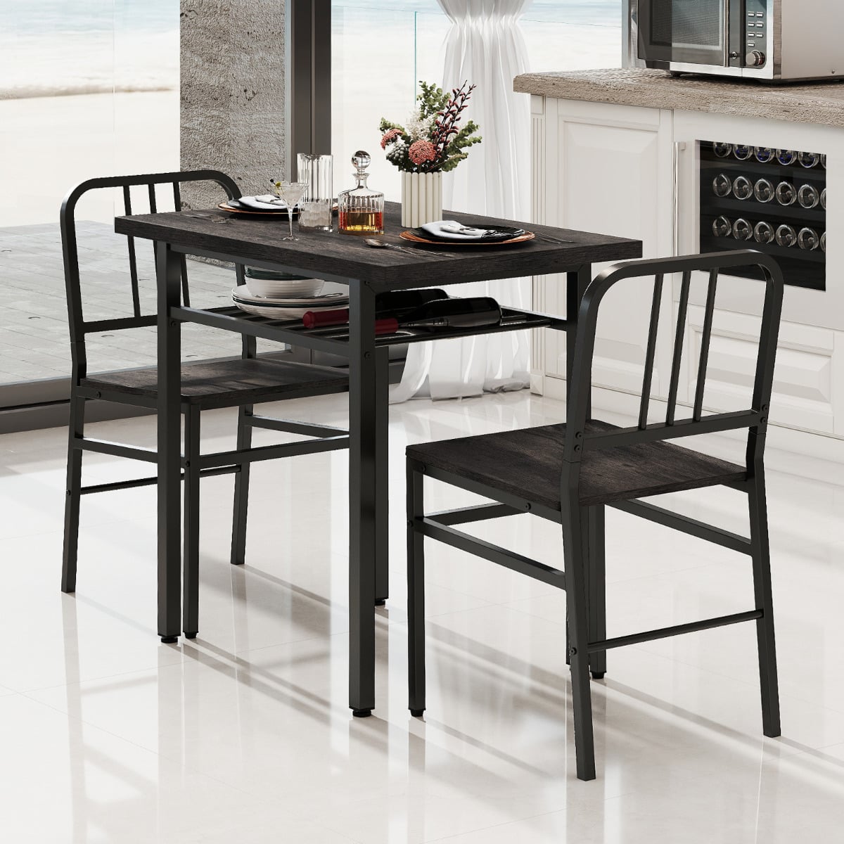 3-Piece Dining Table Set with Storage Rack and Metal Legs-Grey