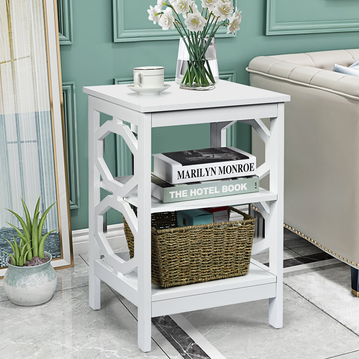 3-Tier Bedside Table with Storage Shelves for Living Room Bedroom Set of 2-White