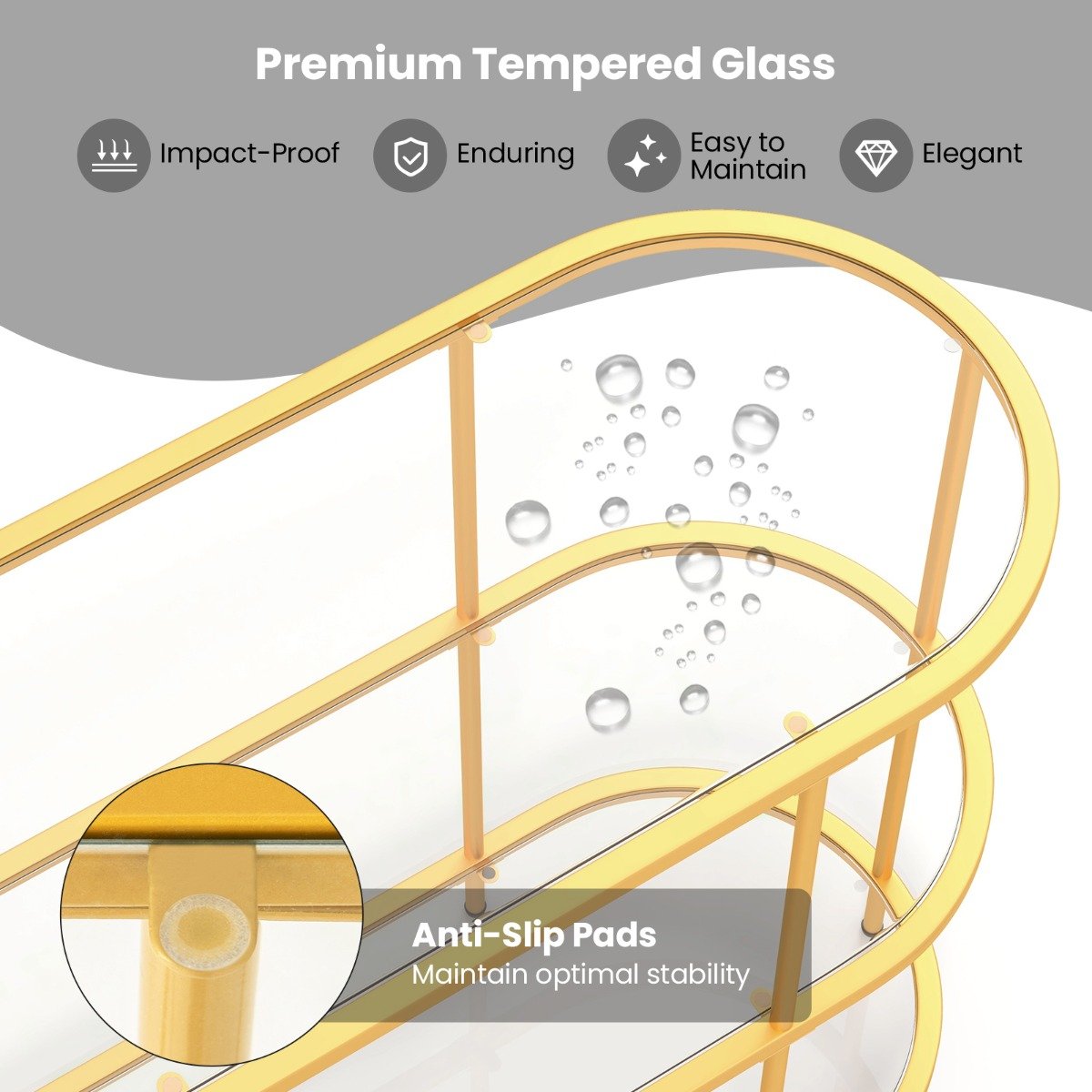 3-Tier TV Stand with Tempered Glass Shelves for TVs-Golden