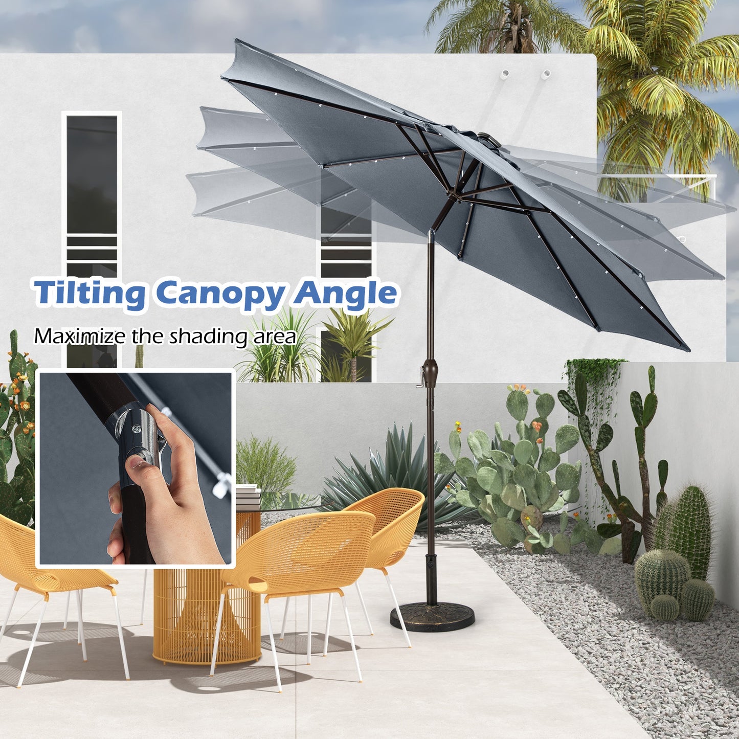 3m Solar Powered LED Lighted Patio Umbrella with Tilt and Crank-Grey