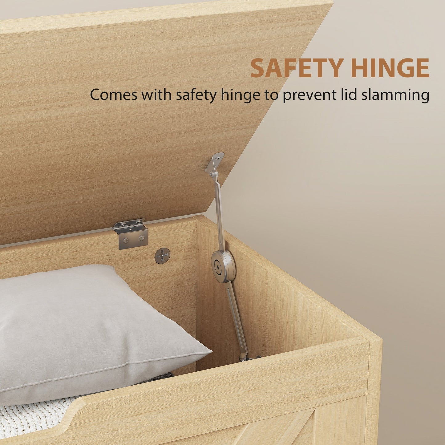HOMCOM 100L Home Storage Box, with Safety Hinges - Natural Wood Finish