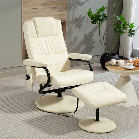 HOMCOM Swivel Recliner Chair and Footstool, Faux Leather Massage Recliner Armchair with Remote Control and Round Wrapped Base, Cream White