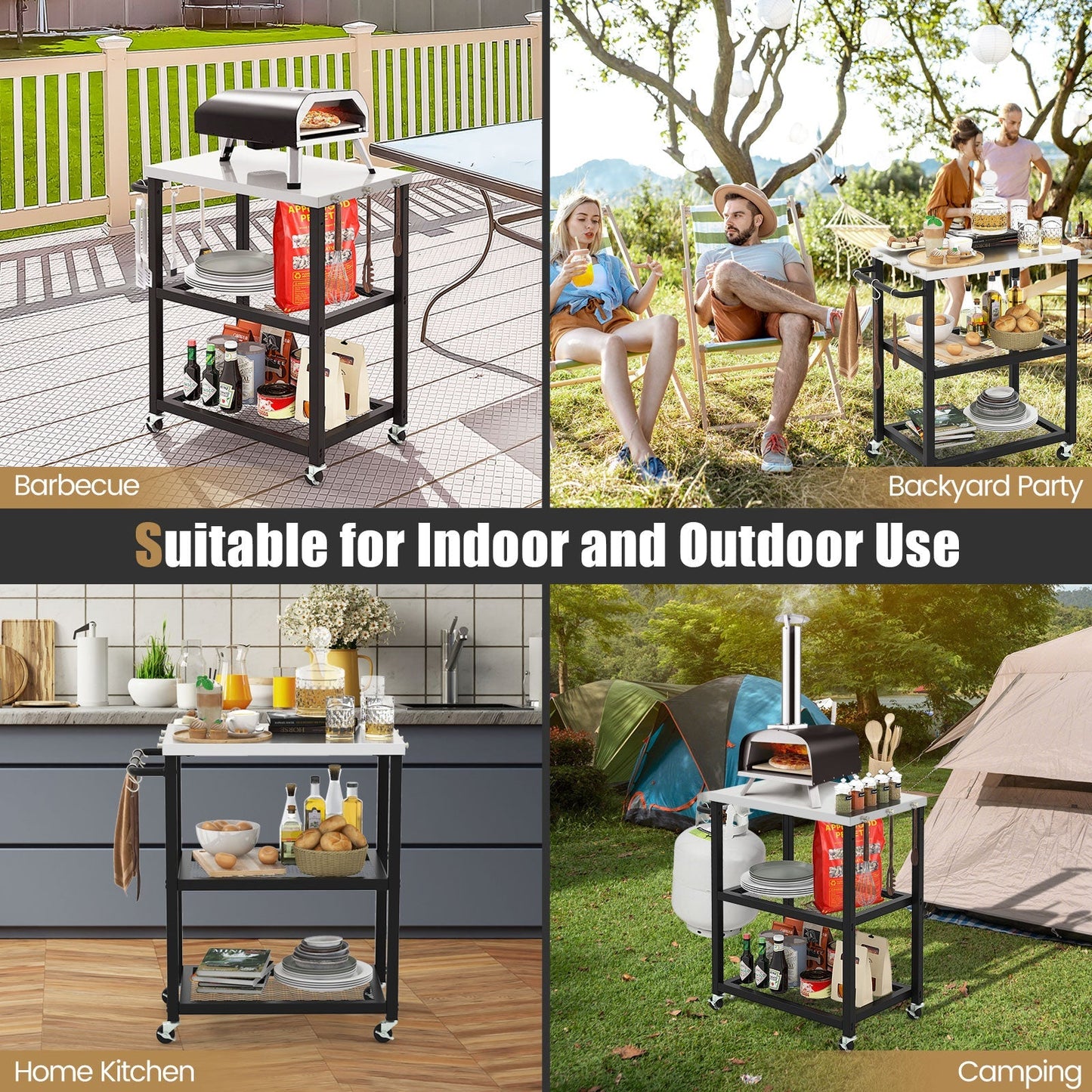 3-tier Outdoor Grill Cart on Wheels with Stainless Steel Top and Handle-Black