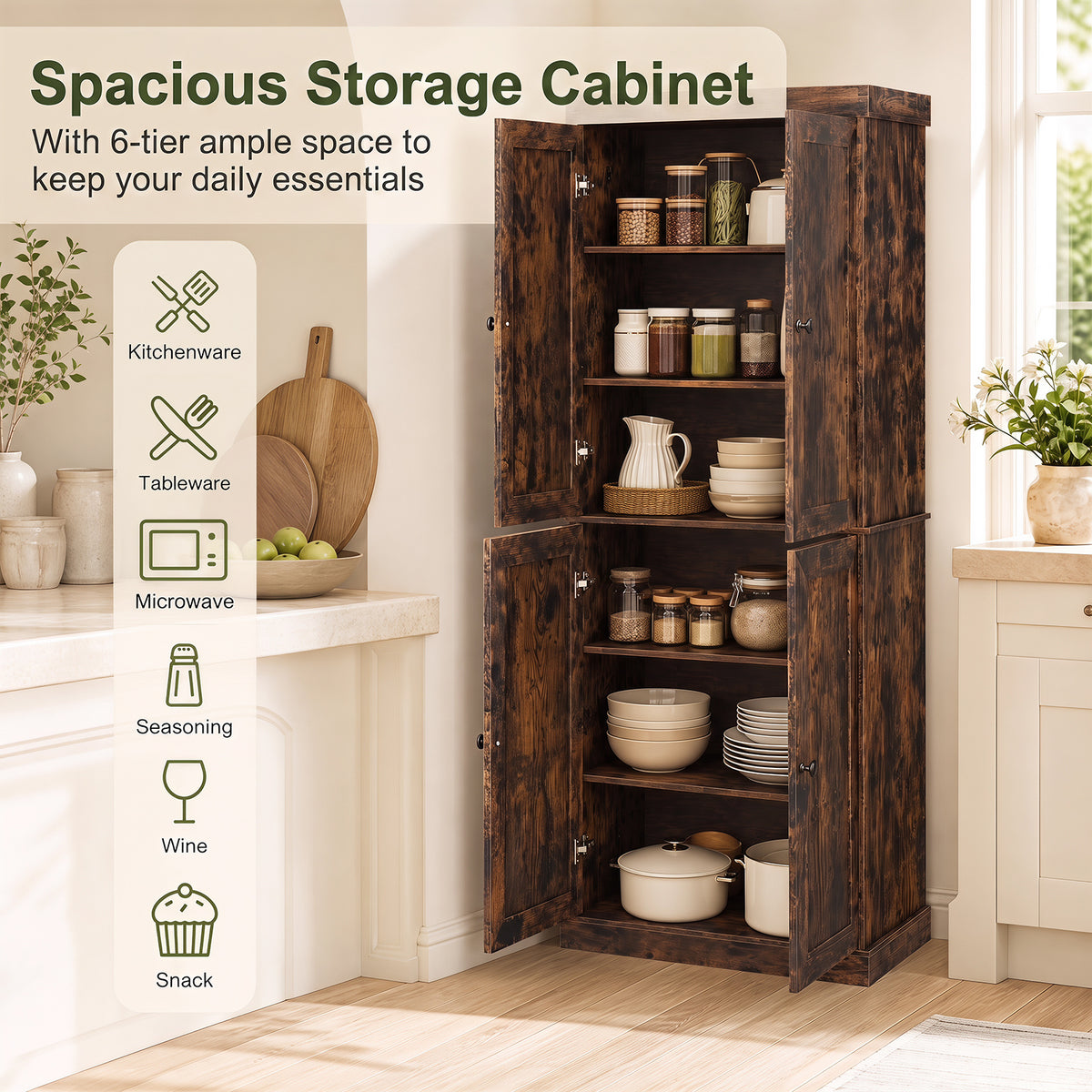 4-Door Modern Freestanding Storage Organizer with 2 Adjustable Shelves-Rustic Brown