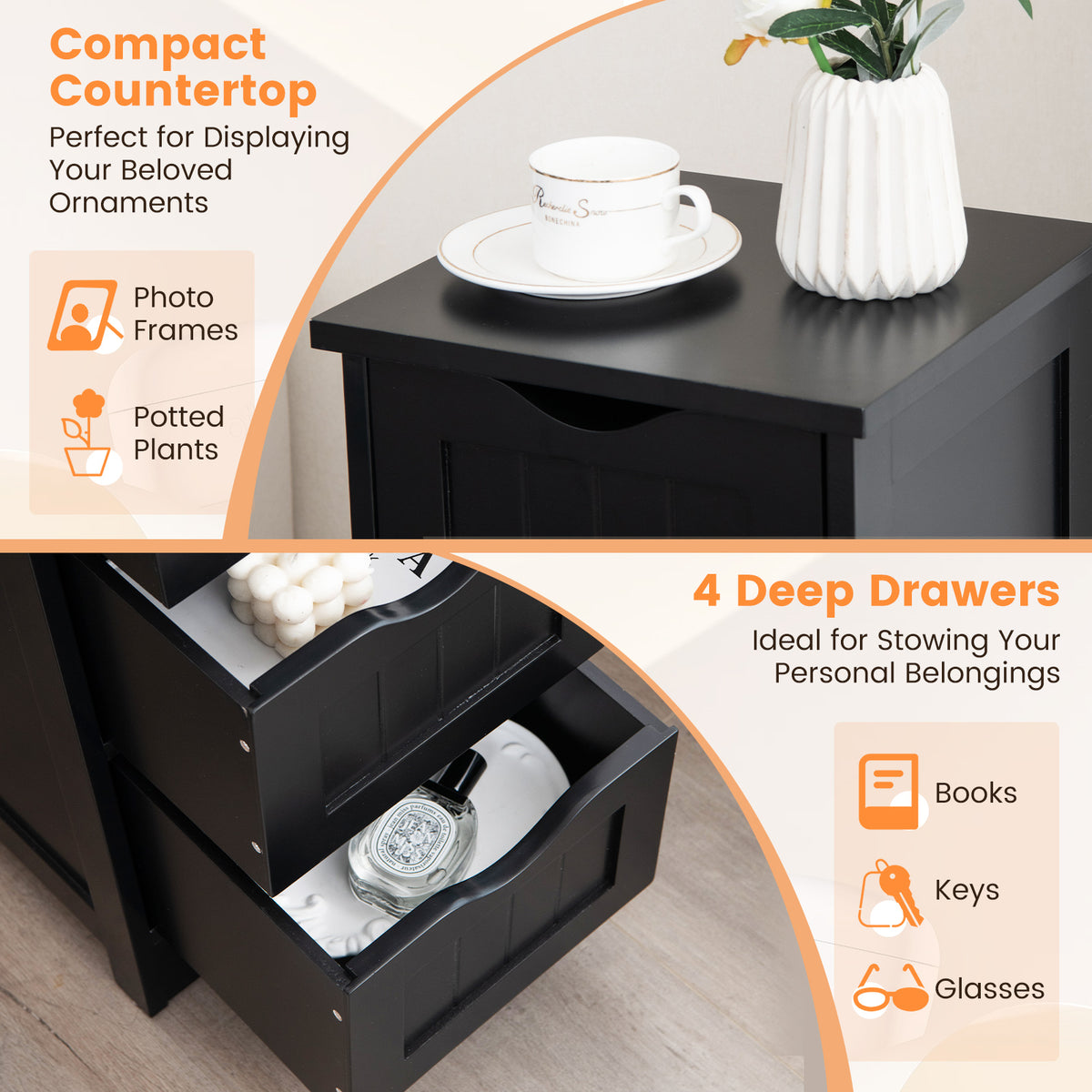 4 Drawers Bathroom Floor Cabinet with Curved Handle-Black