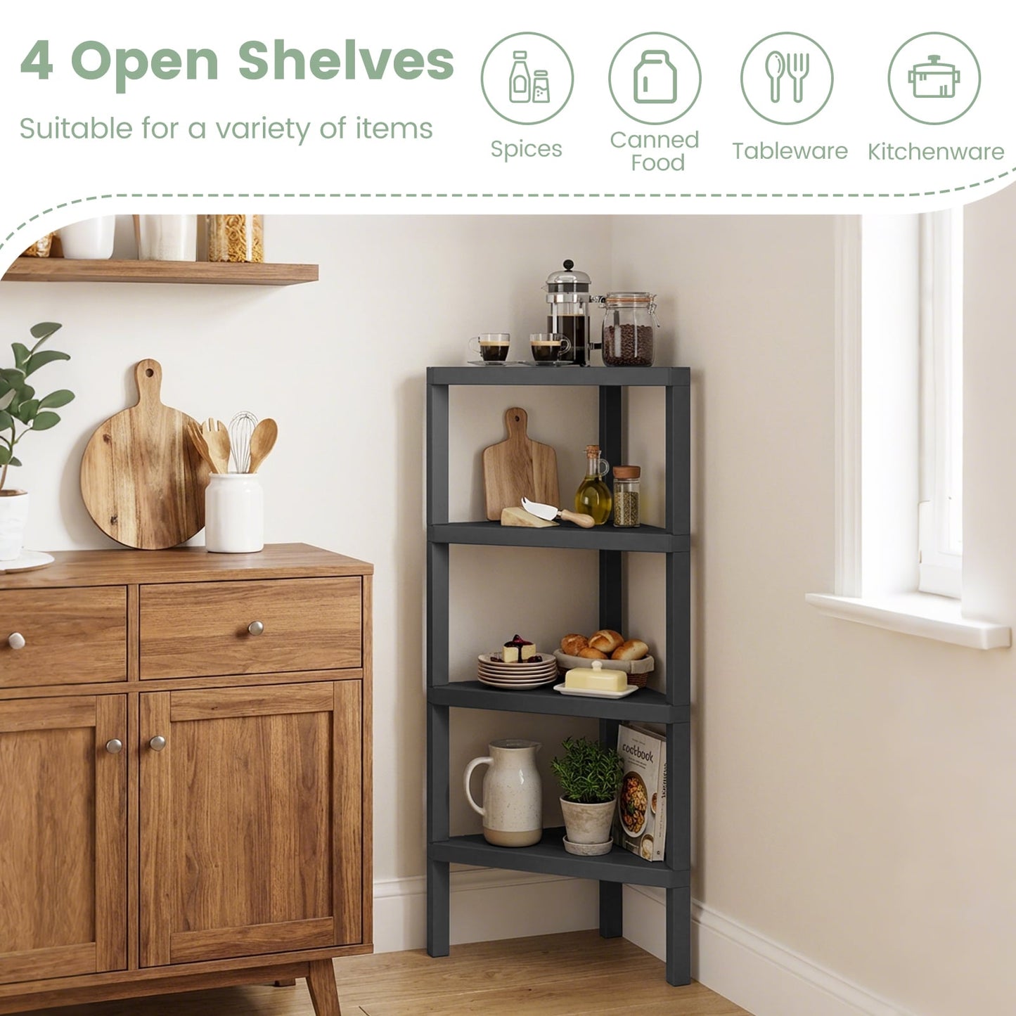 4-Tier Corner Shelf Stand with Open Slatted Shelves-Black