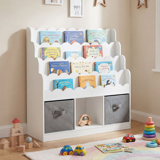 4-Tier Kids Bookshelf and Toy Storage with 2 Foldable Fabric Drawers-White
