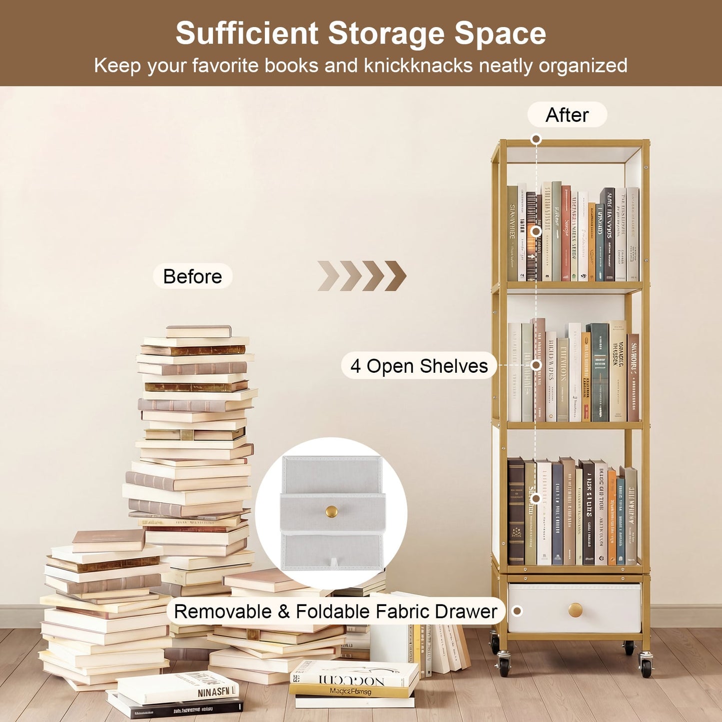 4-Tier Rotating Bookshelf on Wheels for Living Room Office-White