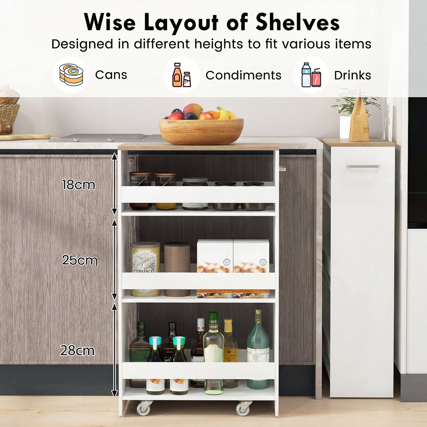 4-Tier Slim Storage Cart with Open Shelves for Kitchen-White and Natural