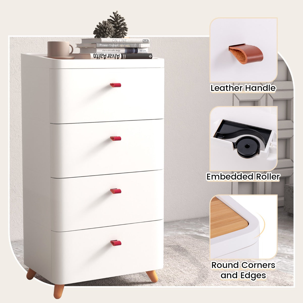 4-Drawer Dresser with Removable Organizer Tray and Solid Wood Legs-White