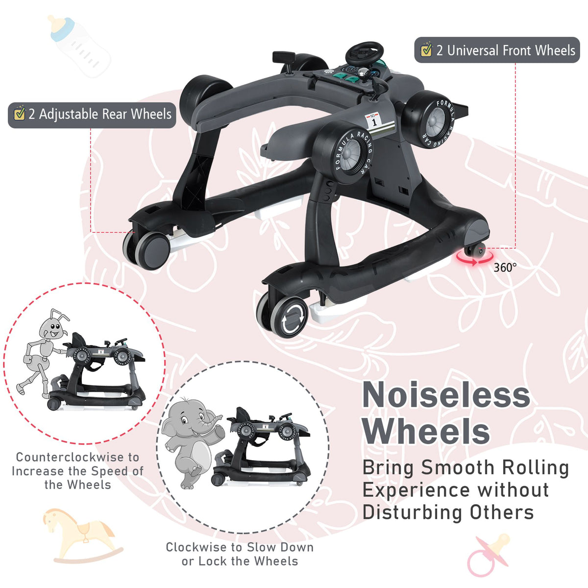 4-in-1 Baby Push Walker with Adjustable Height and Speed-Dark Grey