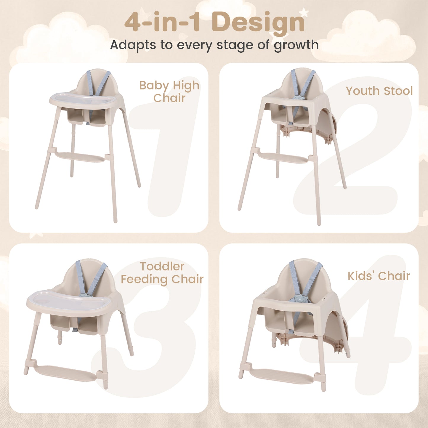 4-in-1 Convertible Baby High Chair with 2 Heights Removable Double Tray-Khaki
