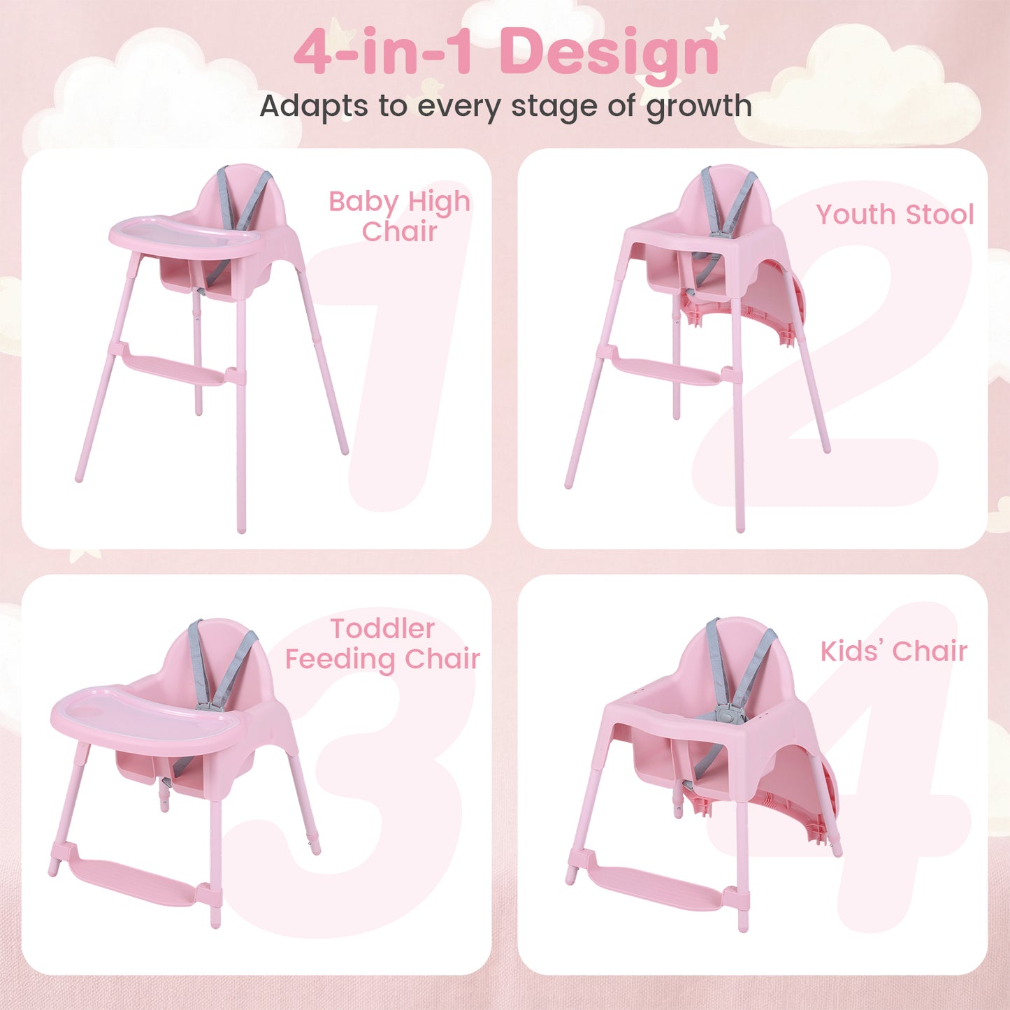 4-in-1 Convertible Baby High Chair with 2 Heights Removable Double Tray-Pink