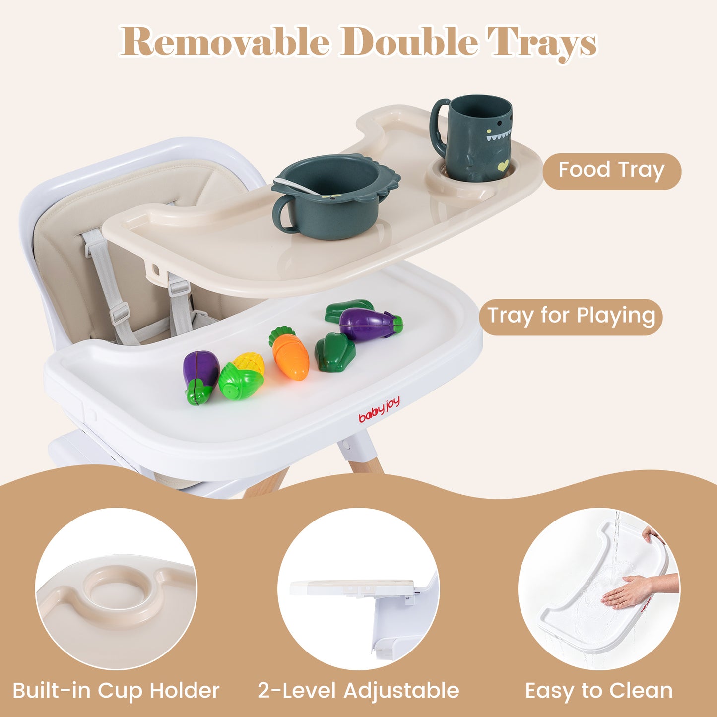 4-in-1 Convertible Baby High Chair with Detachable and Adjustable Tray-Beige