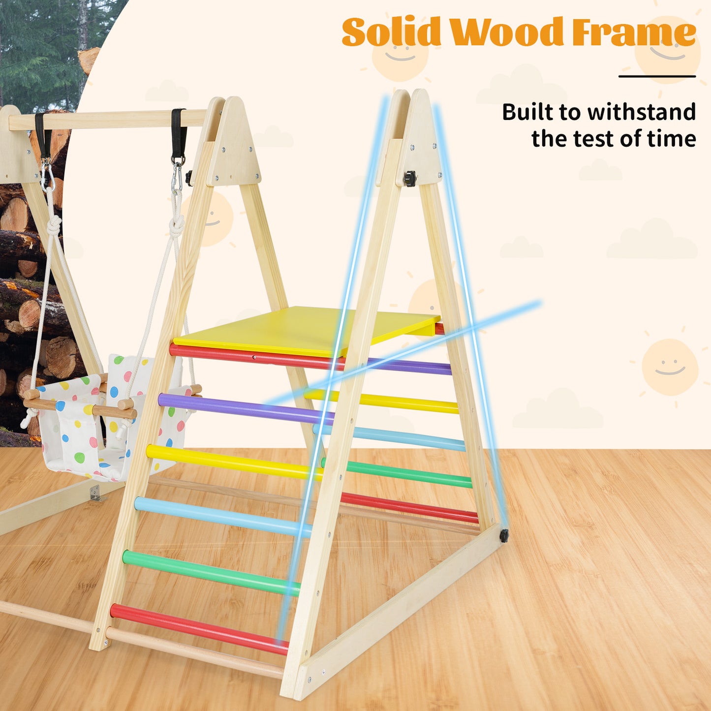 4-in-1 Kids Indoor Jungle Gym Playground with Baby Swing and Climbing Ramp-Multicolour