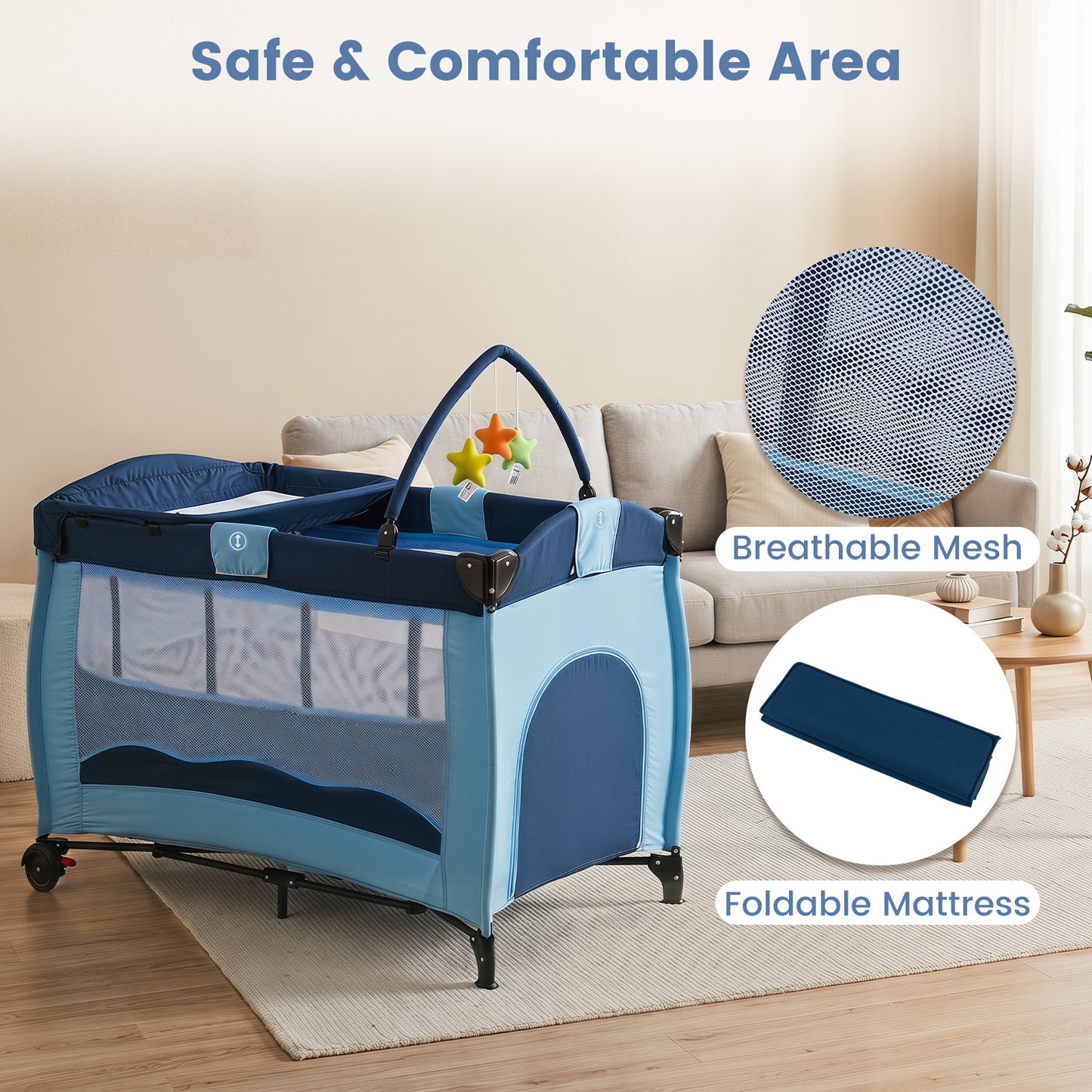 4 in 1 Pack and Play Foldable and Portable Baby Playard with Diaper Changing Table and 3 Hanging Toys-Blue