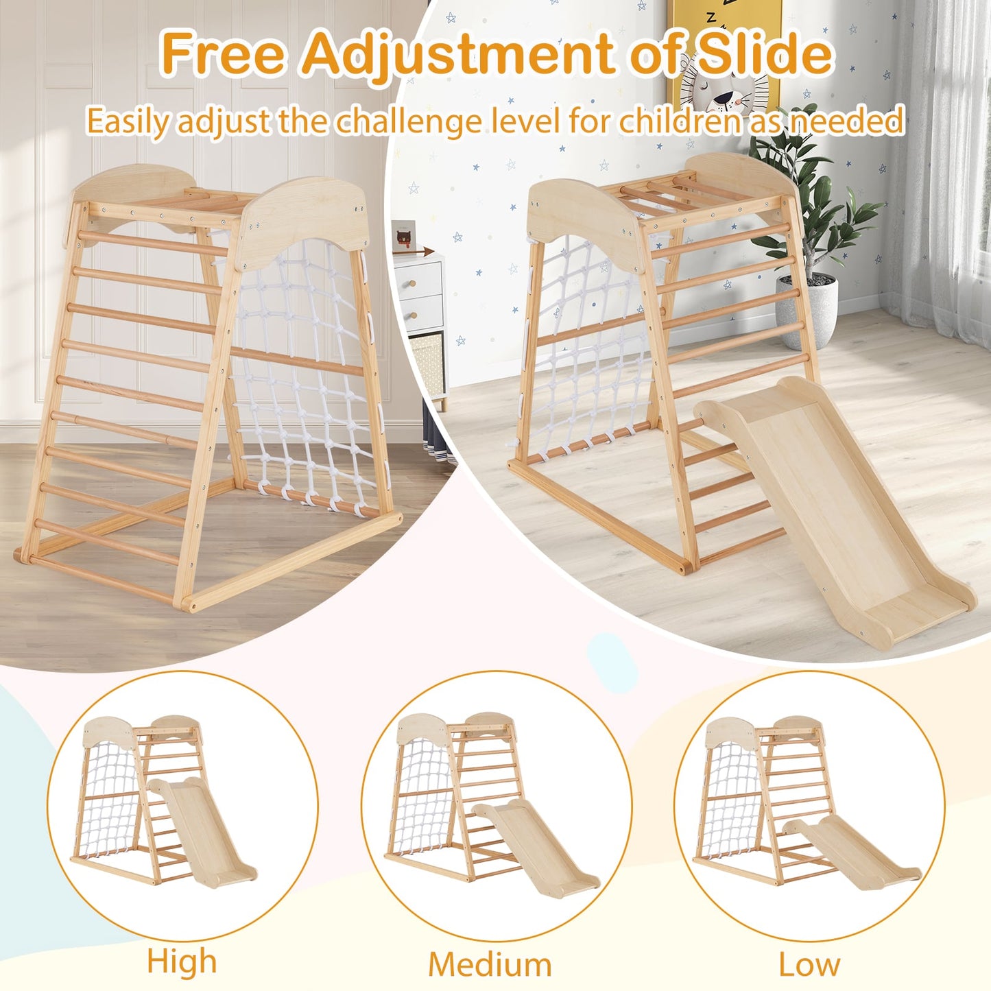 4-in-1 Jungle Gym Wooden Indoor Toddler Playground with Slide-Natural