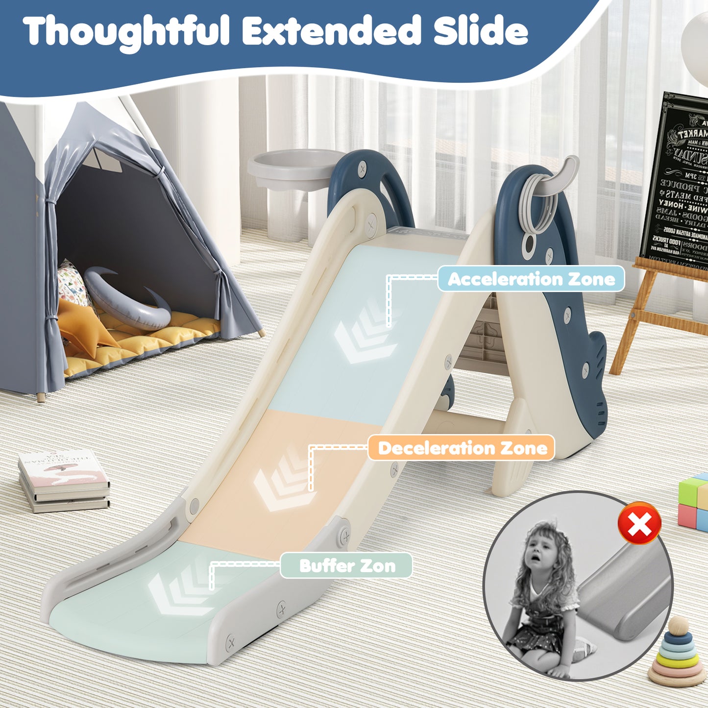 4-in-1 Toddler Slide with Basketball Hoop and Space-saving Folding Design-Blue