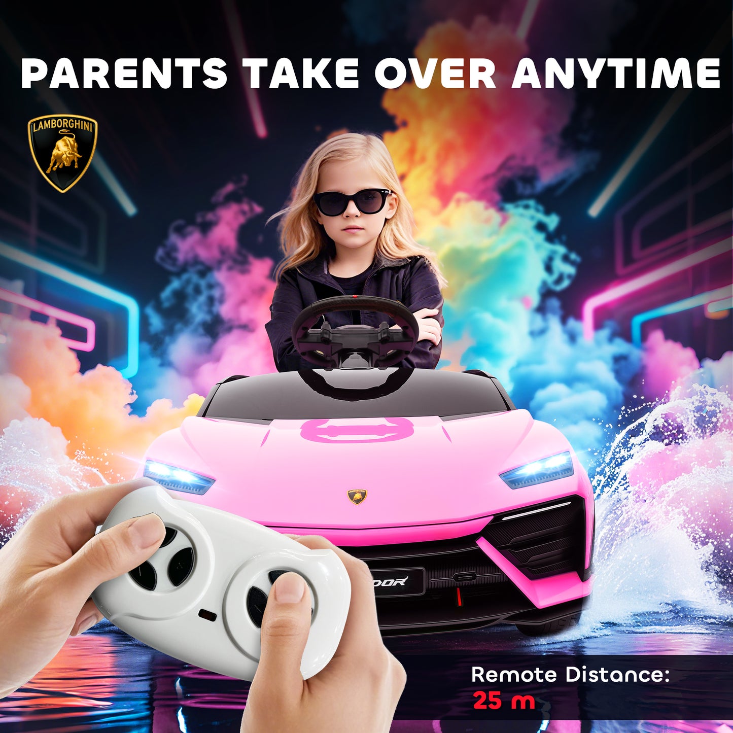 AIYAPLAY 12V Licensed Lamborghini Electric Cars for Kids, Ride On Car with Remote Control for 3-6 Years Old, Pink