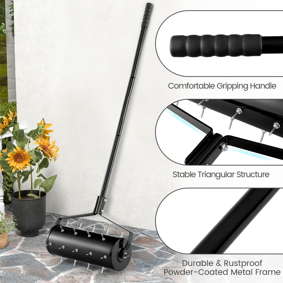45 cm Manual Rolling Lawn Aerator Tool with 130 cm Detachable Handle-Black