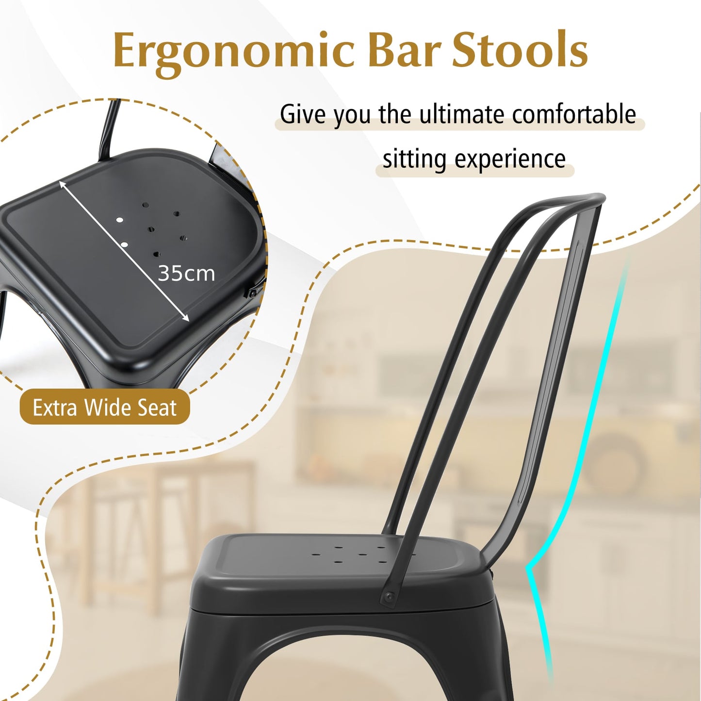 Metal High Back Bar Stools 45cm with Removable Backrest-Black-Set of 4