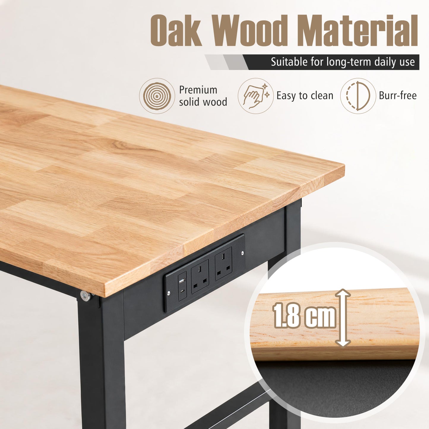 46 Inch Adjustable Workbench with Wheels and Power Outlet Oak Top for Garage-Natural