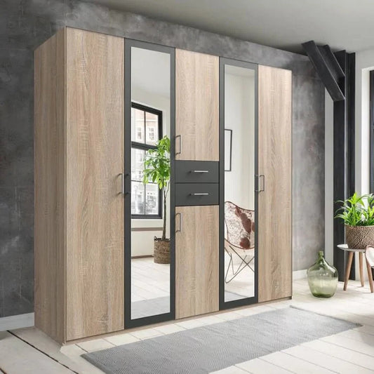 DAKAR 5 Door Wardrobe Oak and Graphite 225cm