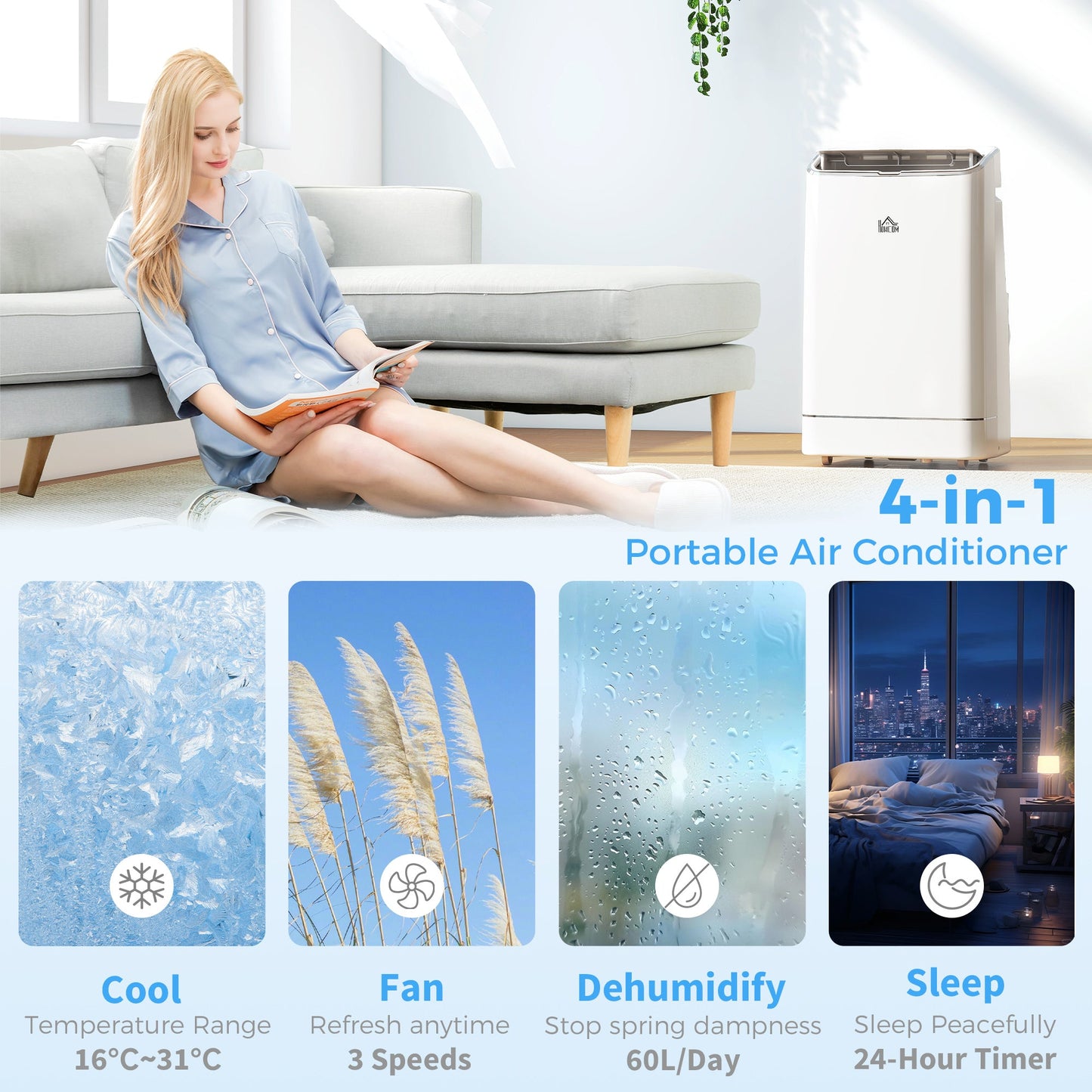 HOMCOM 14000 BTU Mobile Air Conditioner, 35m², Smart Home WiFi, with Dehumidifier, Fan, 24H Timer, Window Kit, White