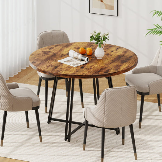 47 Inch Dining Table for 4-6 People Round Kitchen Table with 8 Metal Supporting Legs and Cross Base-Brown