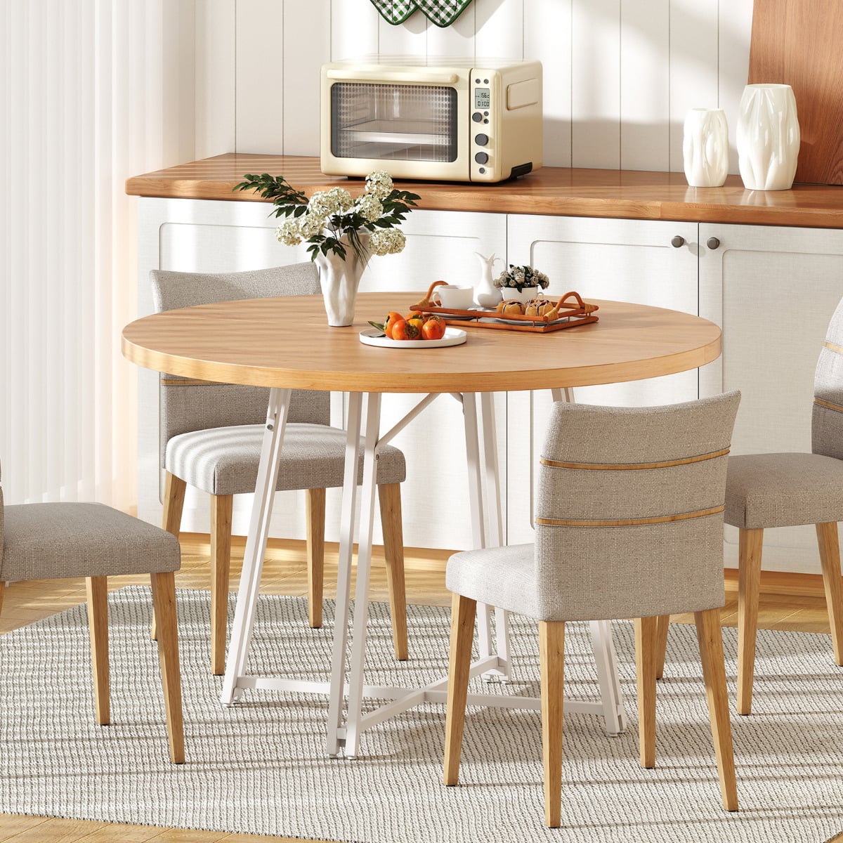 47 Inch Dining Table for 4-6 People Round Kitchen Table with 8 Metal Supporting Legs and Cross Base-Natural