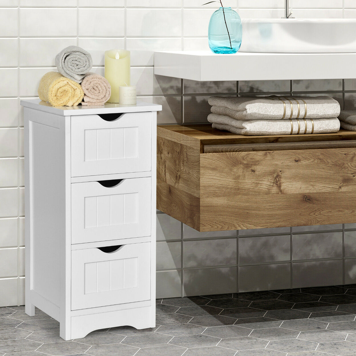 Bathroom Floor Cabinet with 3 Drawers and Cut-Off Handle-White