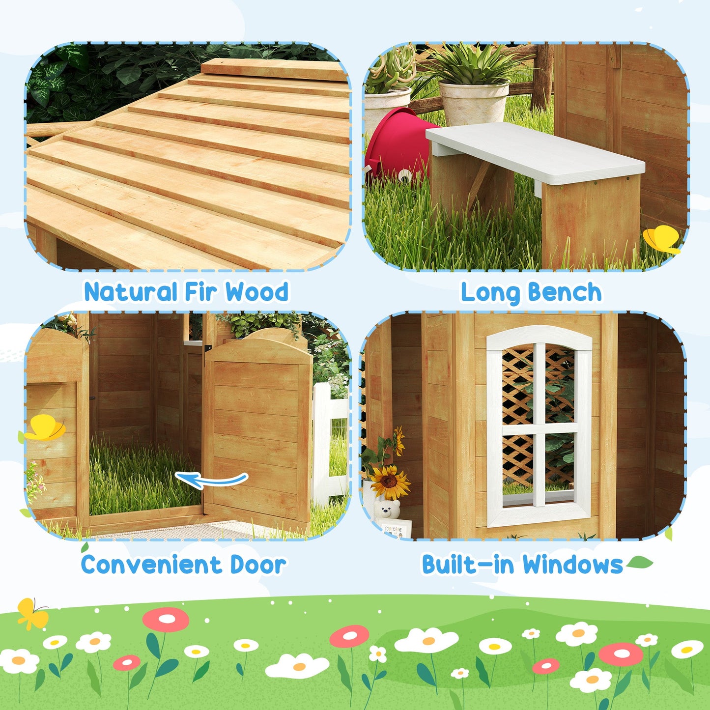 Outsunny Wooden Playhouse for Kids with Door, Windows, Mailbox, Flower Pot Holder, Serving Station, Bench for Children, Yellow