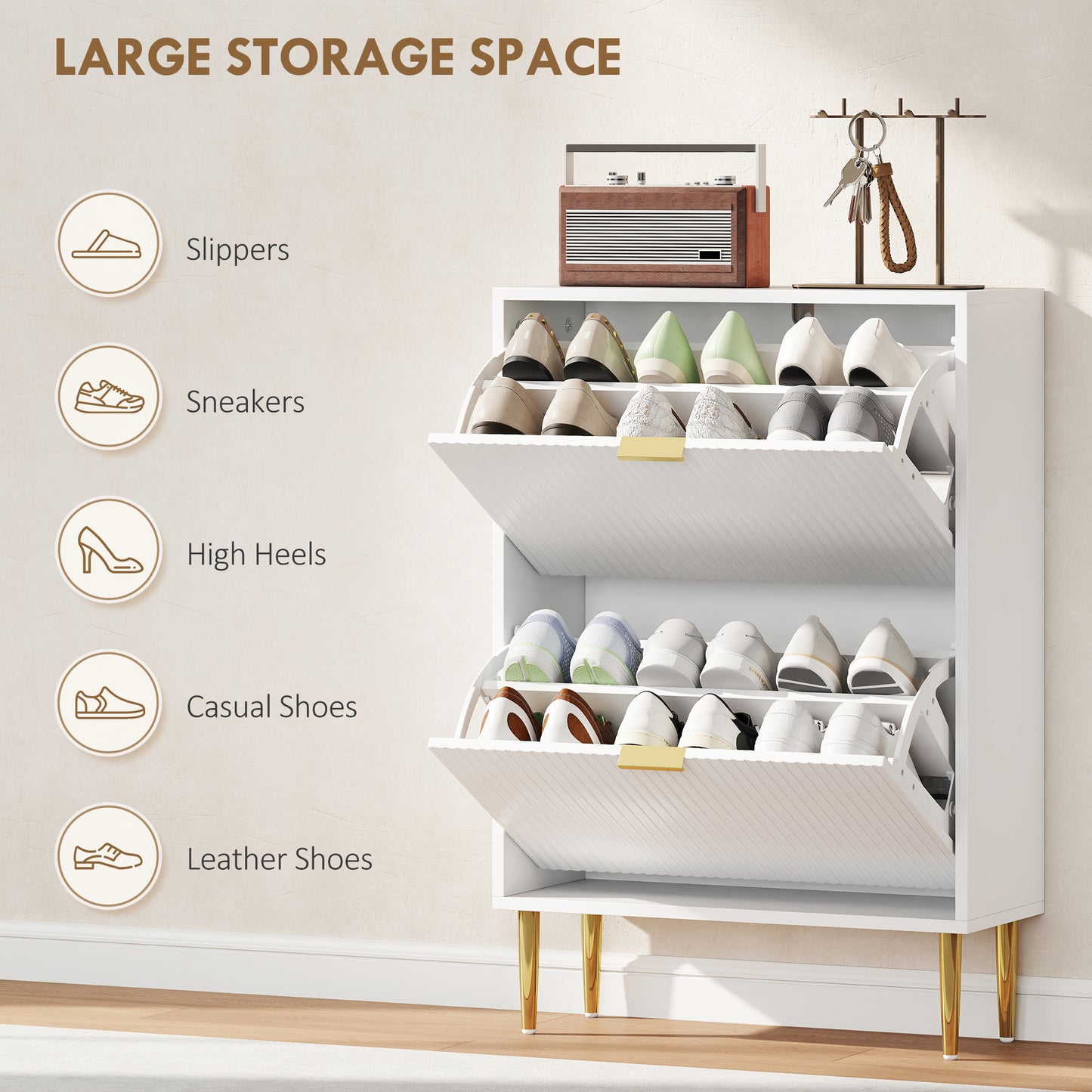HOMCOM Elegant Two-Drawer Shoe Cabinet - White