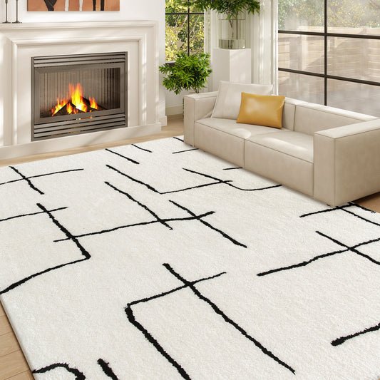HOMCOM Modern Fluffy Area Rug, Geometric Pattern Washable Rug, Soft High Pile Floor Carpet for Living Room, Bedroom, Dining Room, Home Office, 170 x 120 cm, Cream