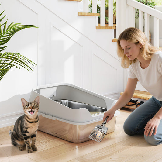 PawHut XL Stainless Steel Cat Litter Box with High Sides, Metal Scoop, 60 x 40 x 30 cm
