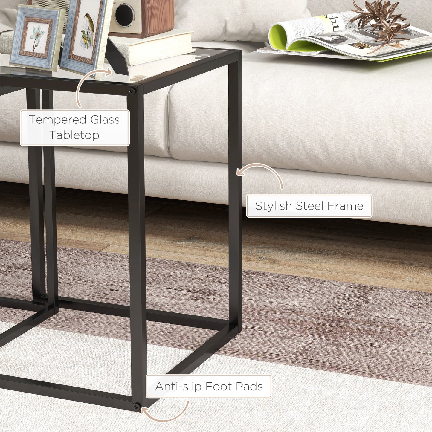 HOMCOM Nesting Tables Set of 2, Side End Table with Tempered Glass Top and Steel Frame for Living Room, Bedroom, Black