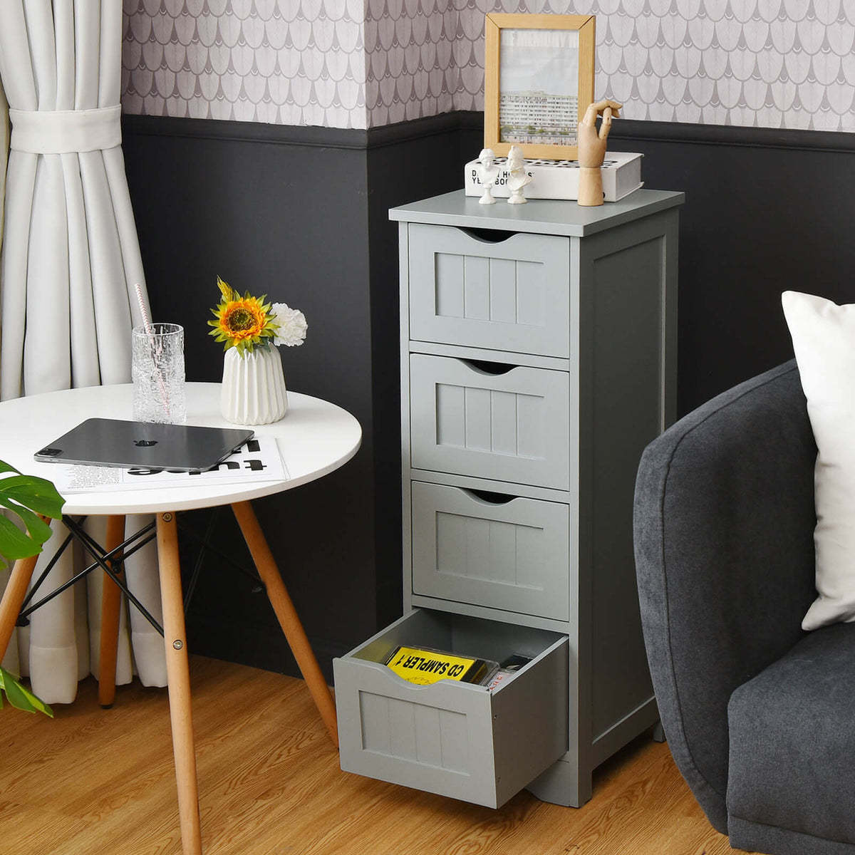 4 Drawers Bathroom Floor Cabinet with Curved Handle-Grey