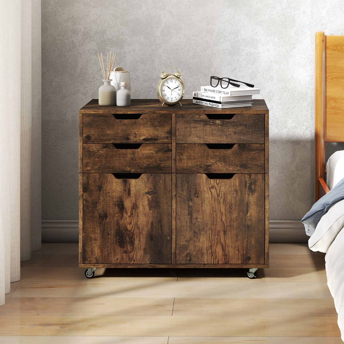4 Drawer Dresser Chest with Doors and Universal Wheels-Rustic Brown