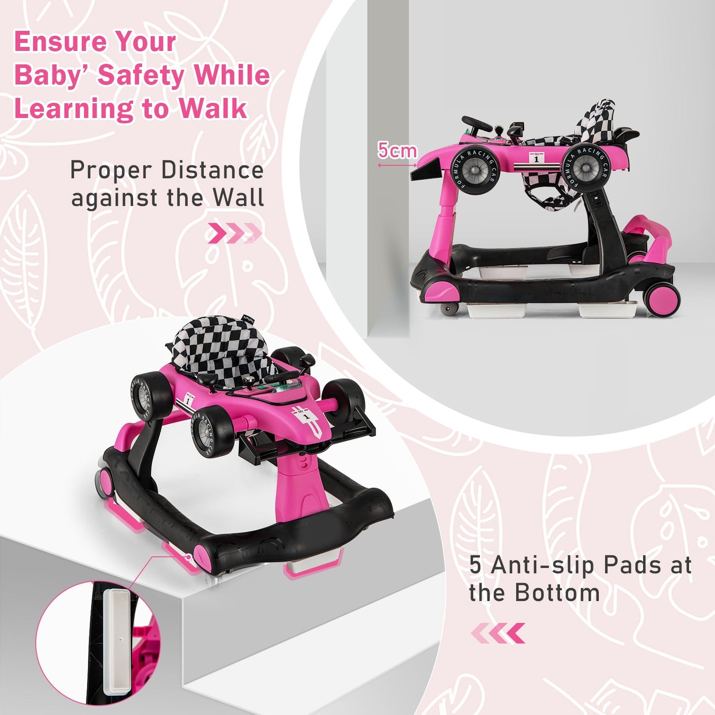 4-in-1 Baby Push Walker with Adjustable Height and Speed-Rose