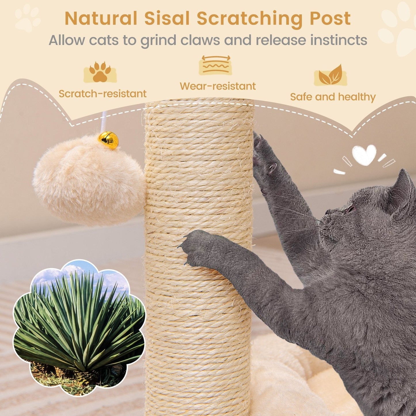 4 in 1 Cat Tree with Cat Self Groomer and Sisal Covered Scratching Post