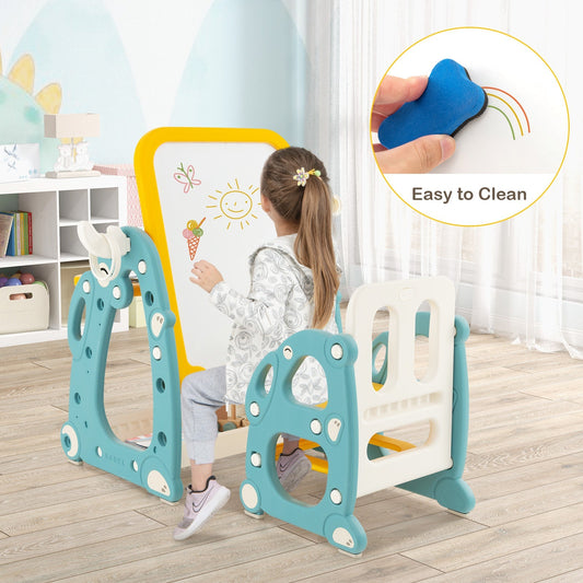 4-in-1 Kids Drawing Table and Chair Set with Adjustable Whiteboard-Yellow & Blue
