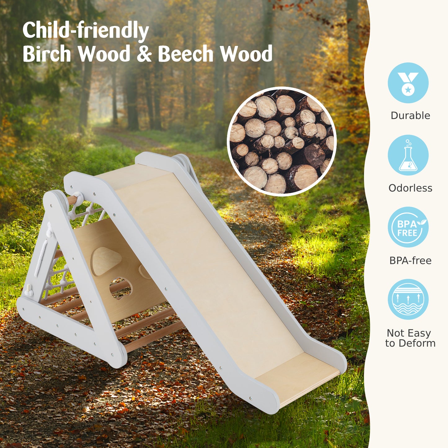 4 in 1 Toddler Wooden Triangle Climber with Ramp and Sliding Board-Grey
