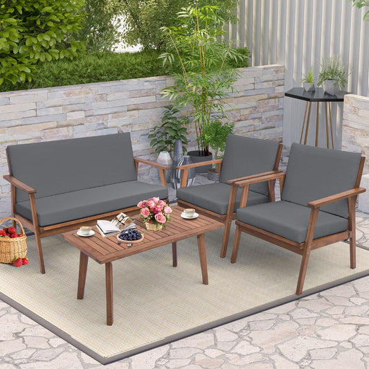 4 Piece Outdoor Conversation Set with Soft Seat and Back Cushions-Grey
