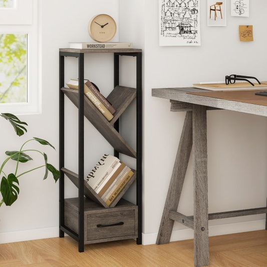 4 Tier Floor Standing Tree Bookshelf with Drawer for Small Space-Grey