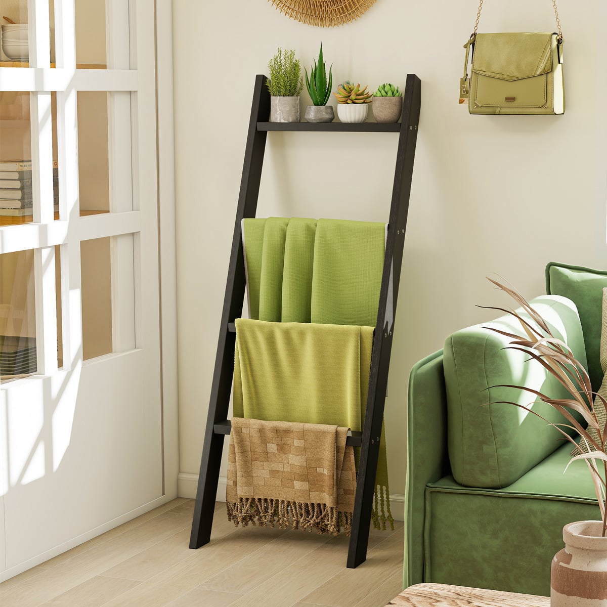 4-Tier Wooden Blanket Ladder 137 cm Wall Leaning Quilt Holder for Storage and Display-Black