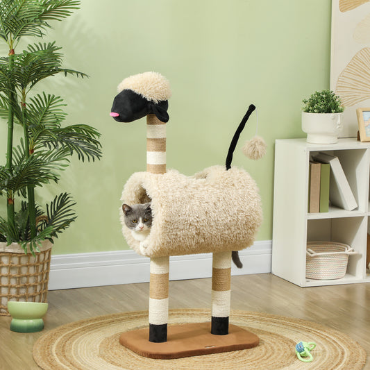 PawHut Cat Tree Sheep Design, 98 cm Multi-Level Cat Tower with Scratching Posts, Tunnel & Play Ball, Light Brown