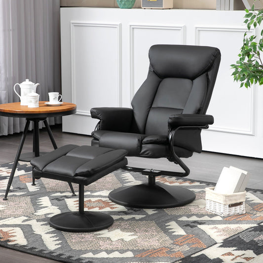 HOMCOM Swivel Recliner Chair with Footstool, PU Leather Recliner Armchair with Ottoman, Steel Base, Upholstered Reclining Chair for Living Room, Bedroom, Office, Black