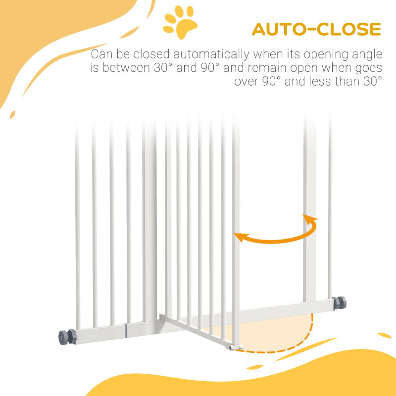 Pet gate with auto-close feature on a white background
